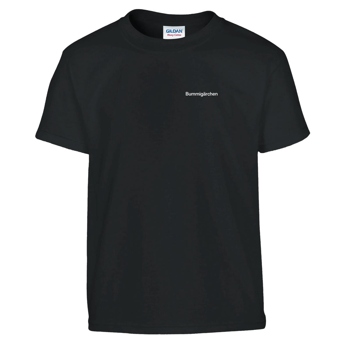 Schwarzes Kinder-T-Shirt mit Wortverdreher-Motiv „Bummigärchen“ klein auf der Brust