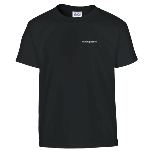 Schwarzes Kinder-T-Shirt mit Wortverdreher-Motiv „Bummigärchen“ klein auf der Brust