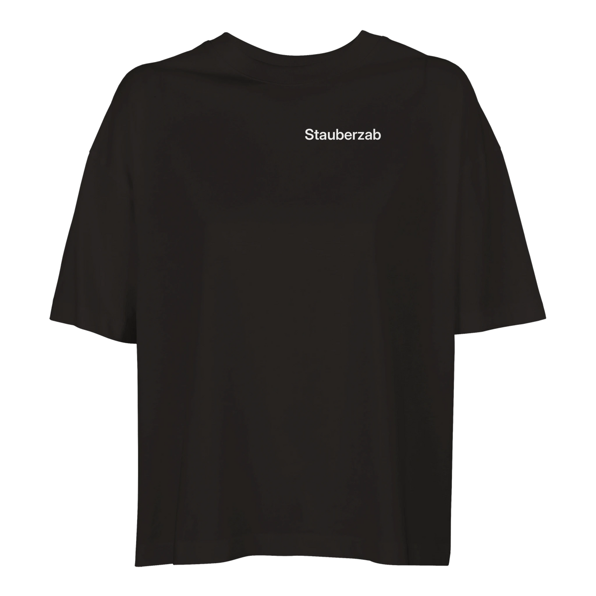 Schwarzes Damen-Oversize-T-Shirt mit dem Spruch Stauberzab klein auf der Brust