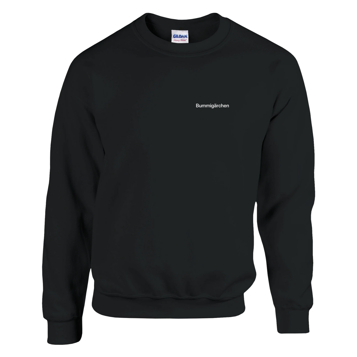 Schwarzes Sweatshirt mit Wortverdreher-Motiv „Bummigärchen“ klein auf der Brust