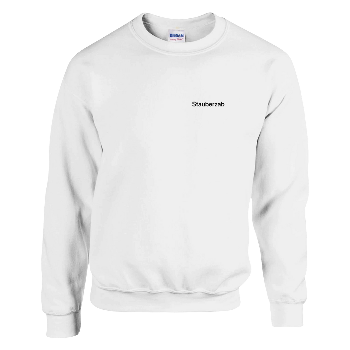 Weißes Sweatshirt mit Wortverdreher-Motiv „Stauberzab“ klein auf der Brust
