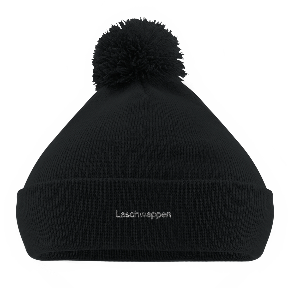Schwarze Bommel-Beanie mit Wortverdreher-Motiv „Laschwappen“