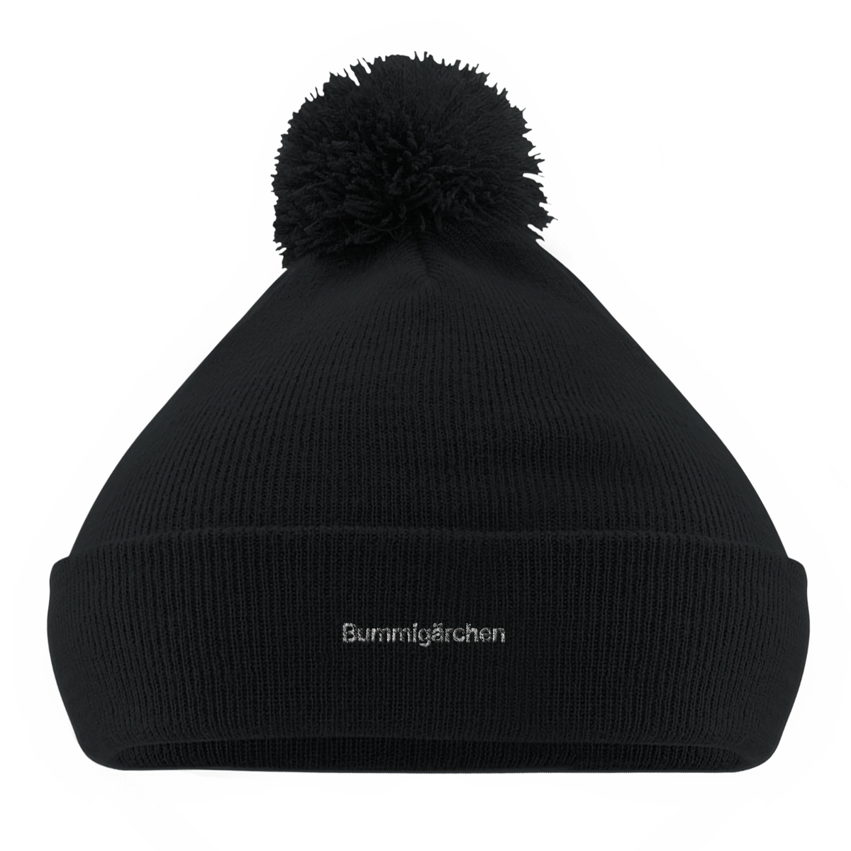 Schwarze Bommel-Beanie mit Wortverdreher-Motiv „Bummigärchen“