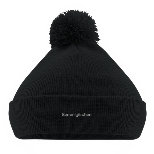 Schwarze Bommel-Beanie mit Wortverdreher-Motiv „Bummigärchen“
