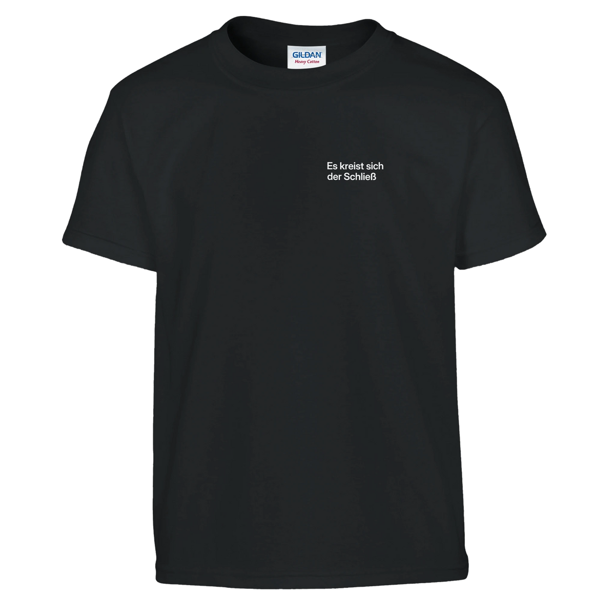 Schwarzes Kinder-T-Shirt mit Wortverdreher-Motiv „Es kreist sich der Schließ“ klein auf der Brust