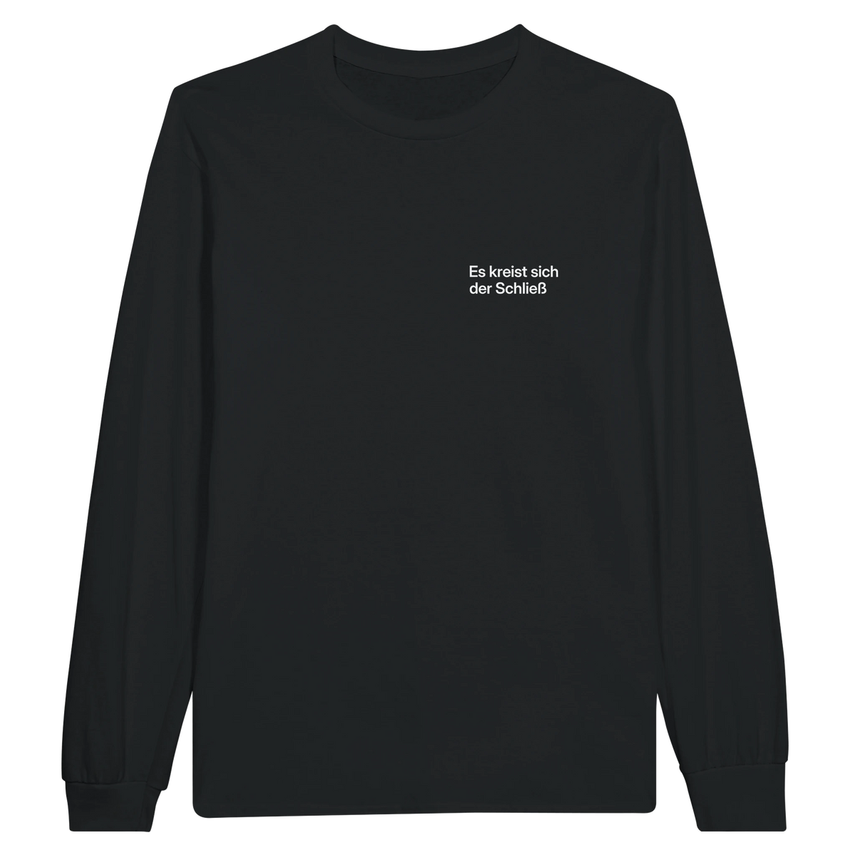 Schwarzes Longsleeve mit Wortverdreher-Motiv „Es kreist sich der Schließ“ klein auf der Brust