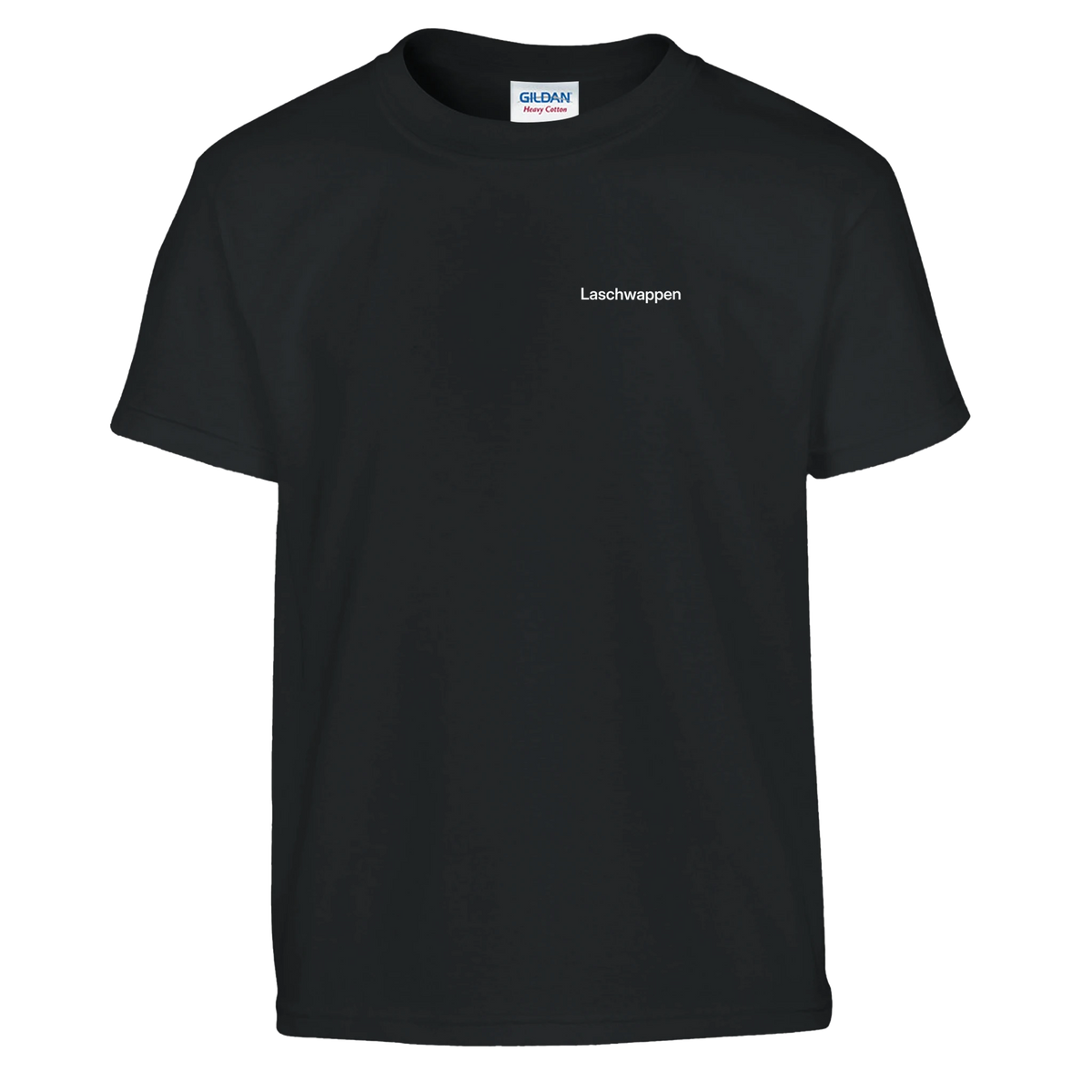Schwarzes Kinder-T-Shirt mit Wortverdreher-Motiv „Laschwappen“ klein auf der Brust