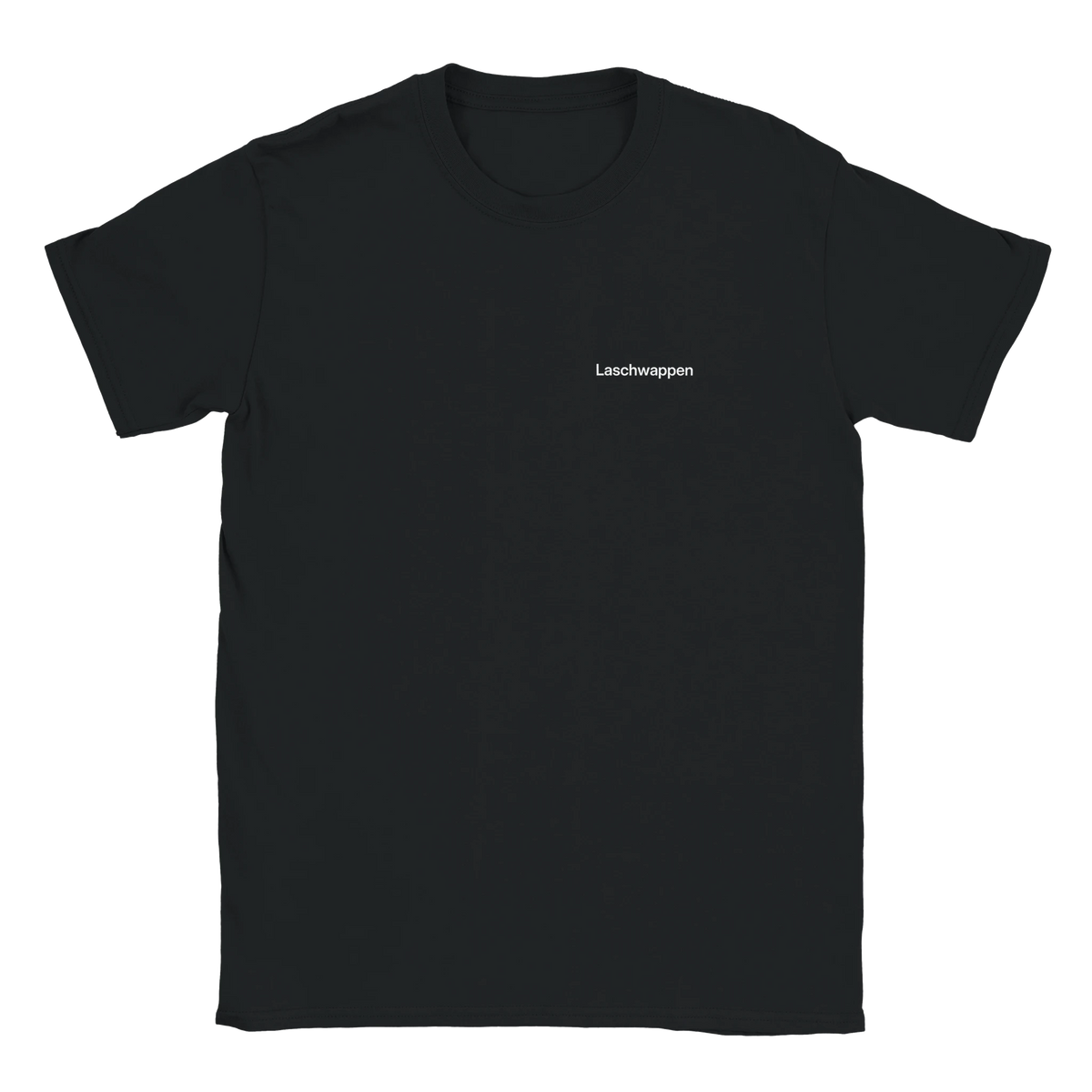 Laschwappen – T-Shirt in Schwarz, Wortverdreher-Druck links auf der Brust