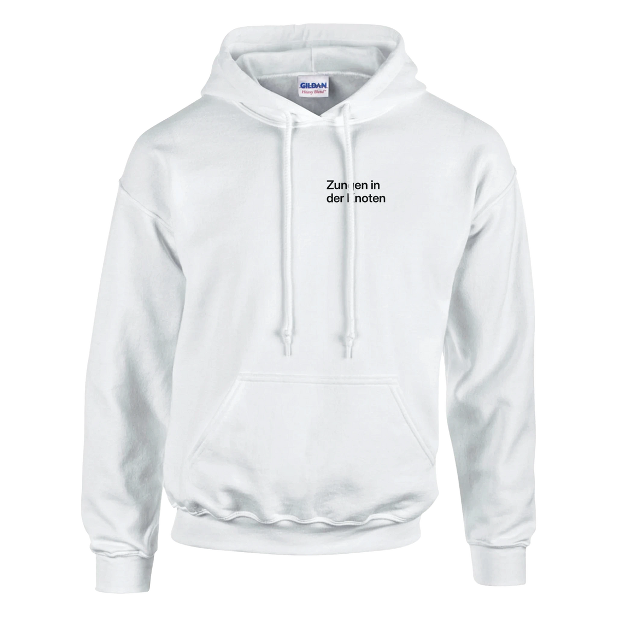 Zungen in der Knoten – Hoodie in Weiß, Wortverdreher-Druck links auf der Brust