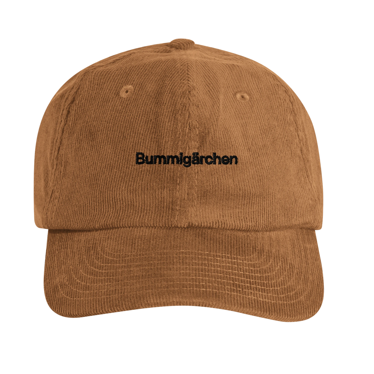 Camelfarbene Cord-Cap mit Wortverdreher-Motiv „Bummigärchen“