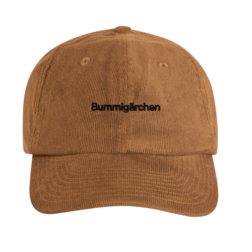 Camelfarbene Cord-Cap mit Wortverdreher-Motiv „Bummigärchen“