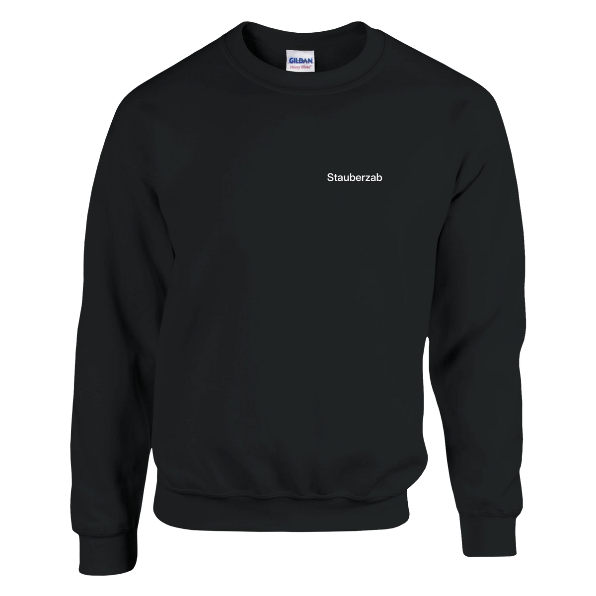 Schwarzes Sweatshirt mit Wortverdreher-Motiv „Stauberzab“ klein auf der Brust