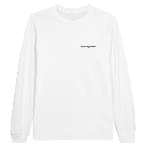 Weißes Longsleeve mit Wortverdreher-Motiv „Bummigärchen“ klein auf der Brust