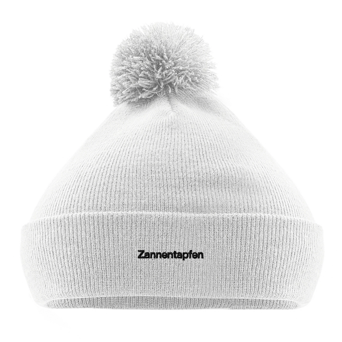 Weiße Bommel-Beanie mit Wortverdreher-Motiv „Zannentapfen“