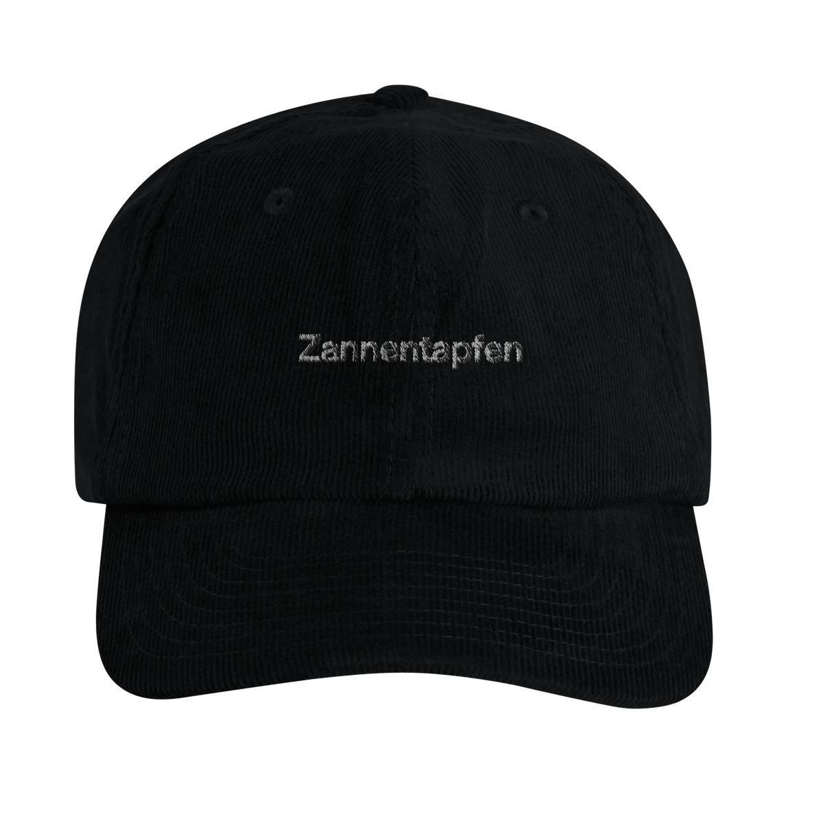 Schwarze Cord-Cap mit Wortverdreher-Motiv „Zannentapfen“
