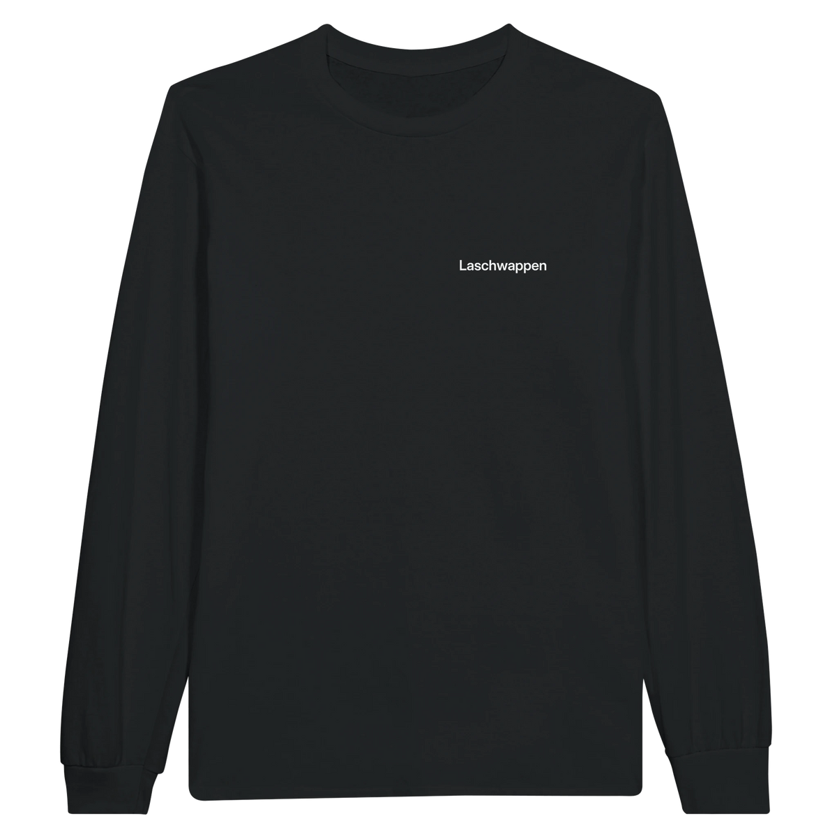 Schwarzes Longsleeve mit Wortverdreher-Motiv „Laschwappen“ klein auf der Brust