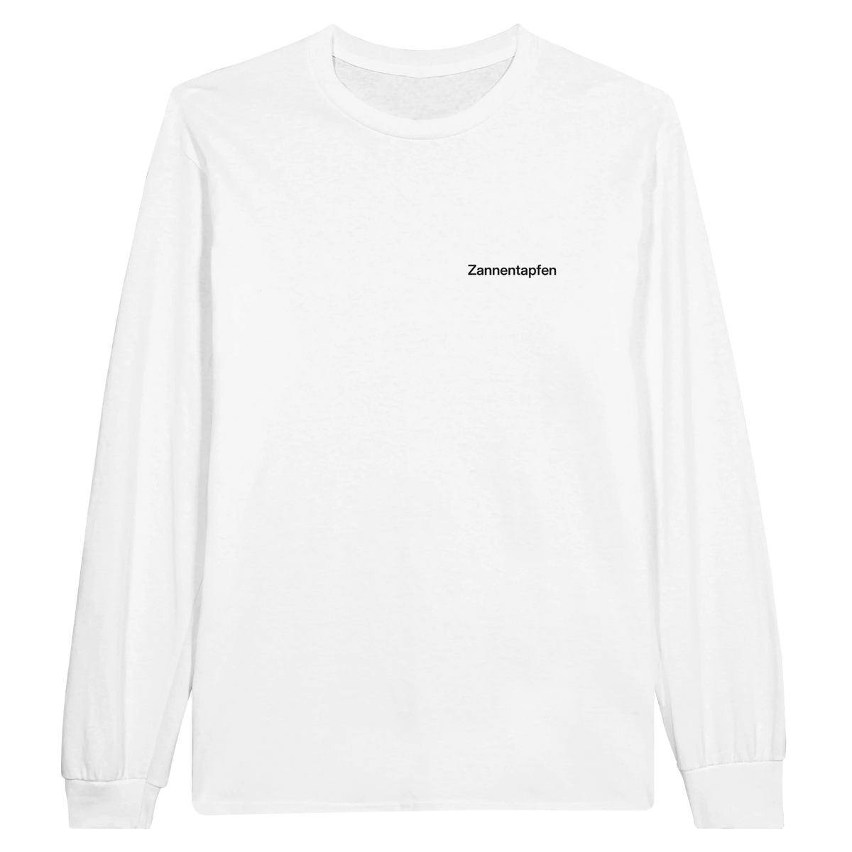 Weißes Longsleeve mit Wortverdreher-Motiv „Zannentapfen“ klein auf der Brust