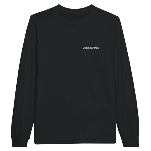 Schwarzes Longsleeve mit Wortverdreher-Motiv „Bummigärchen“ klein auf der Brust