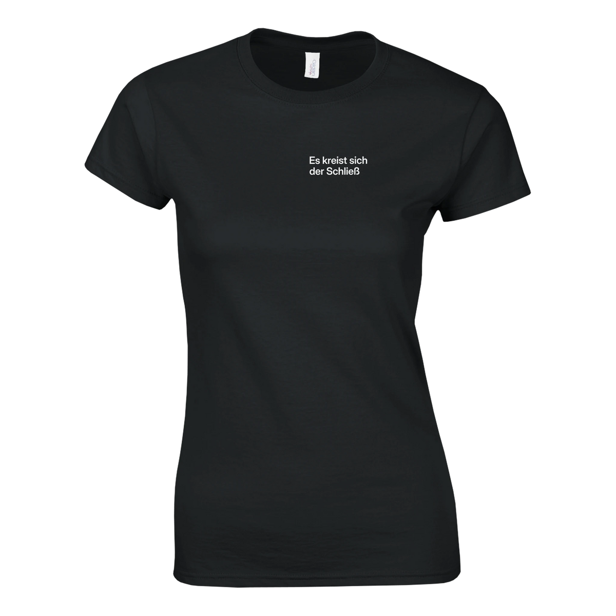 Es kreist sich der Schließ – Damen T-Shirt in Schwarz, Wortverdreher-Druck links auf der Brust