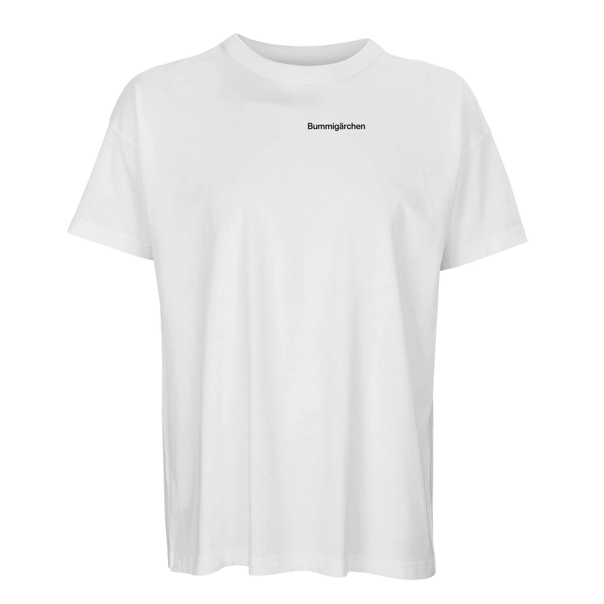 Weißes Oversize-T-Shirt mit Wortverdreher-Motiv „Bummigärchen“ klein auf der Brust