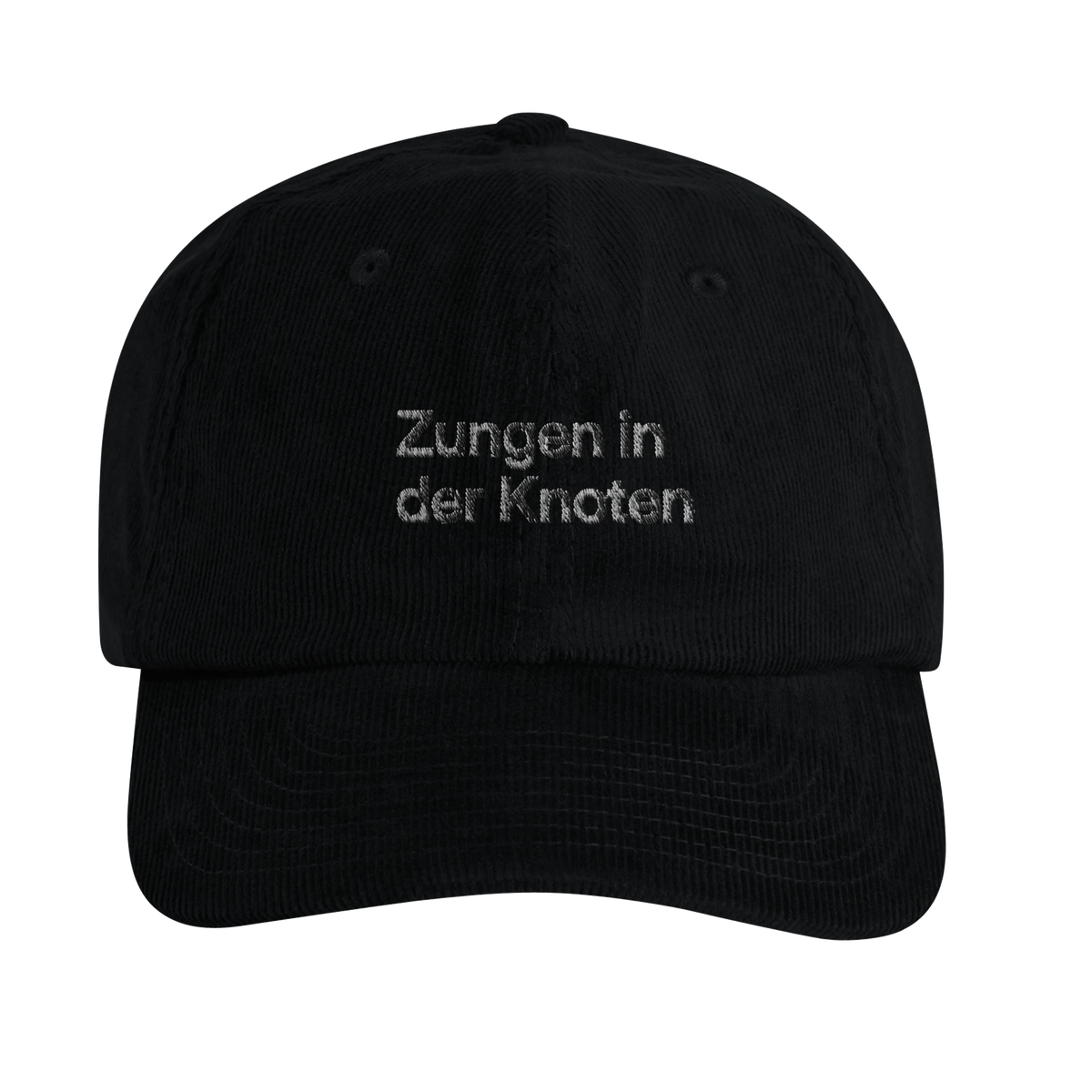 Schwarze Cord-Cap mit Wortverdreher-Motiv „Zungen in der Knoten“
