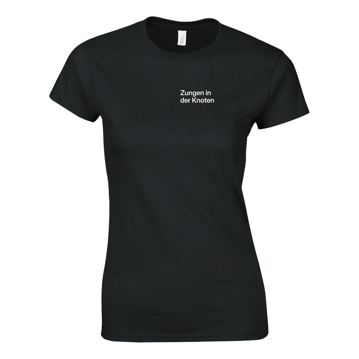 Zungen in der Knoten – Damen T-Shirt in Schwarz, Wortverdreher-Druck links auf der Brust