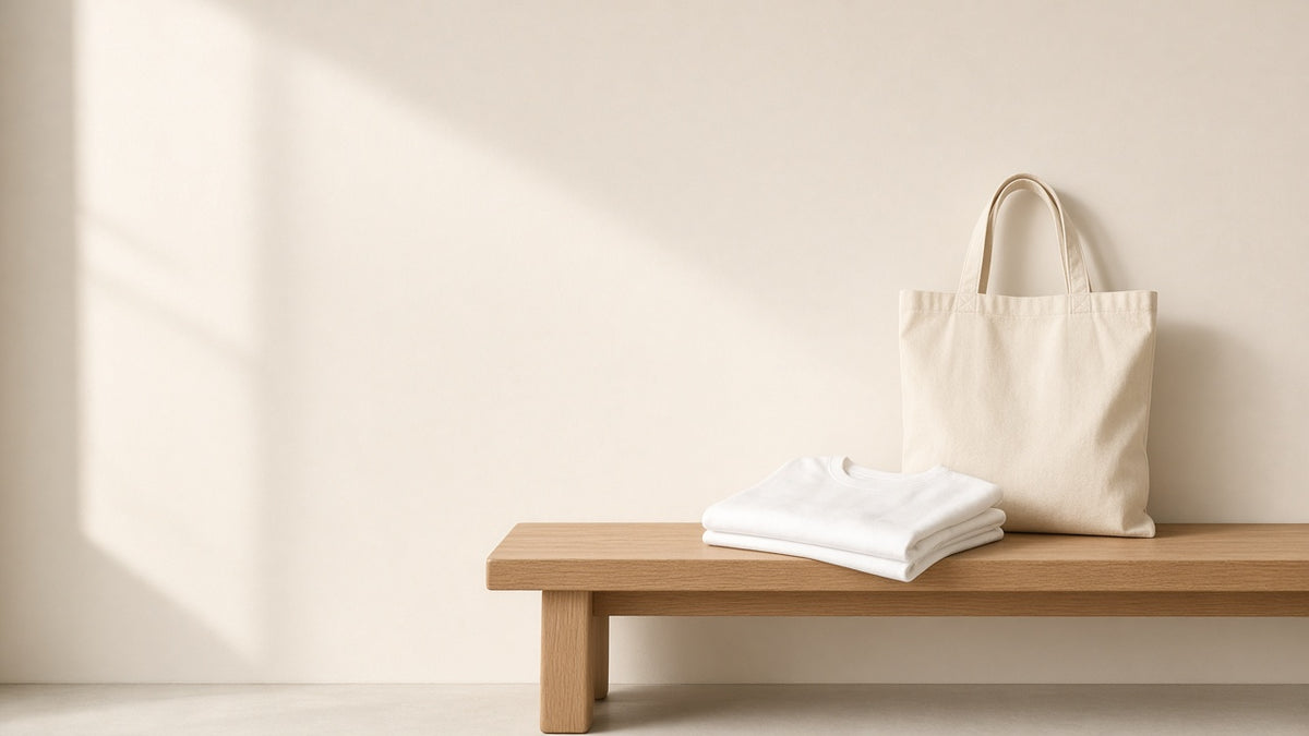 Twisted Tote Bag und T-Shirt auf einer Holzbank